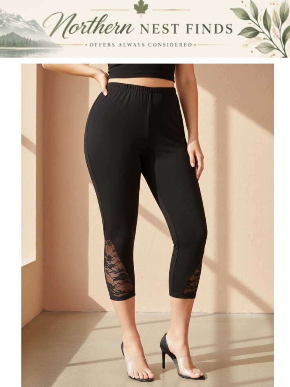 High Waisted Lace Capri Leggings Mesh Cropped Pants